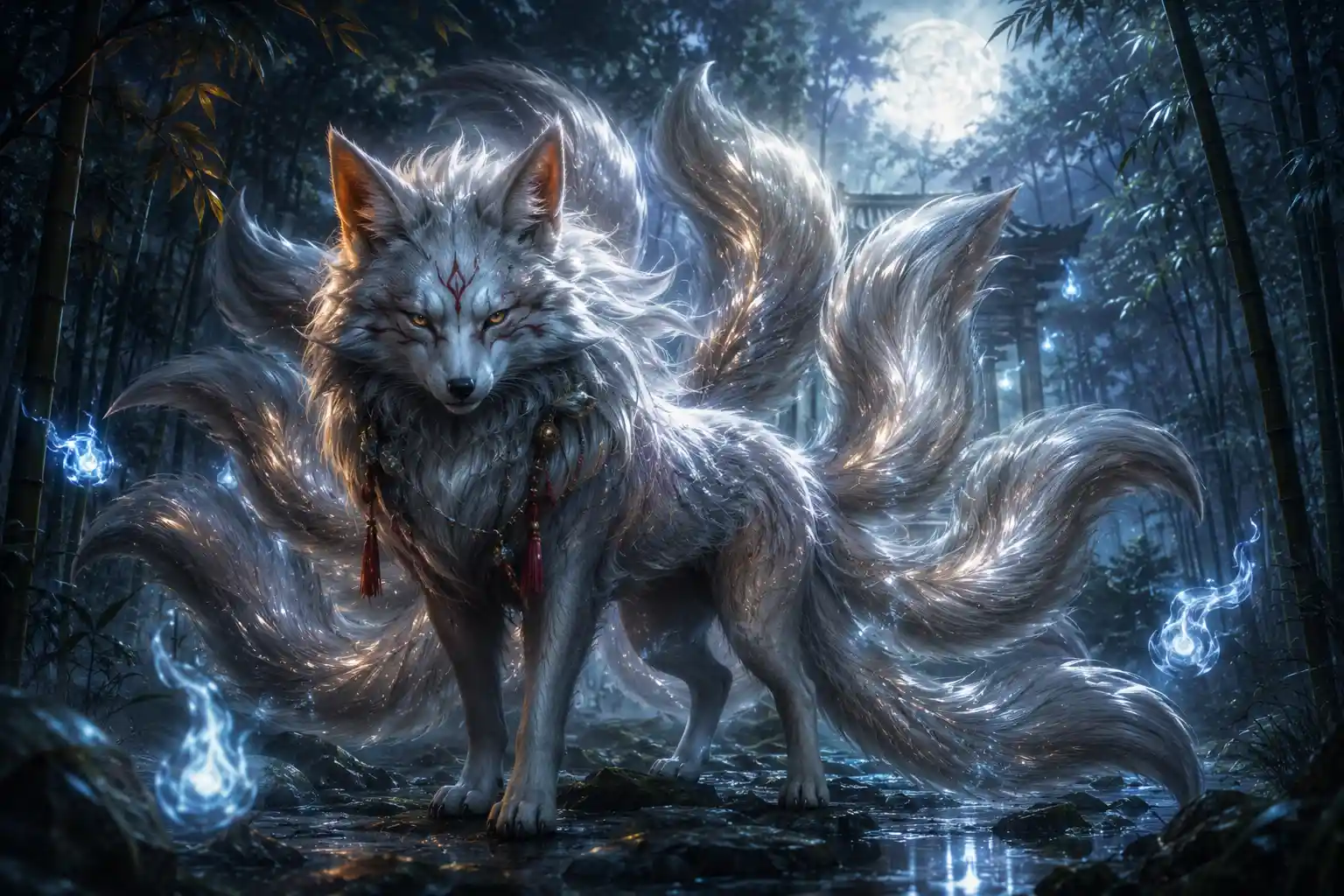 Mystical nine tailed fox in moonlit bamboo forest