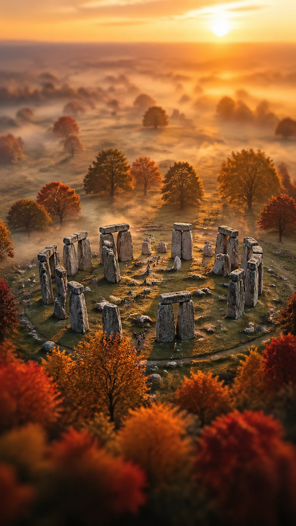 Surreal Stonehenge at sunrise in a misty autumn landscape