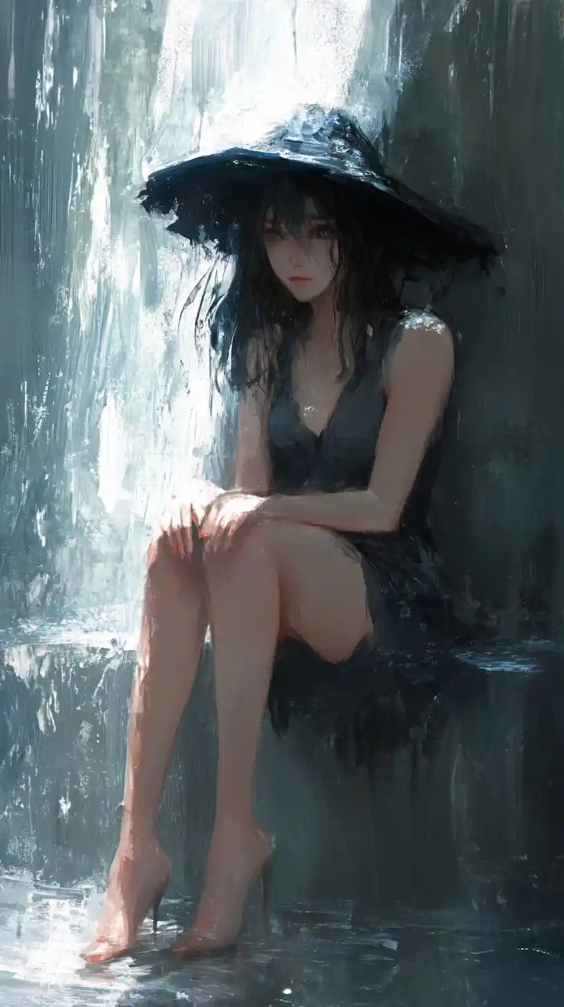 Solitary anime woman in crumbling stone ruins at dusk