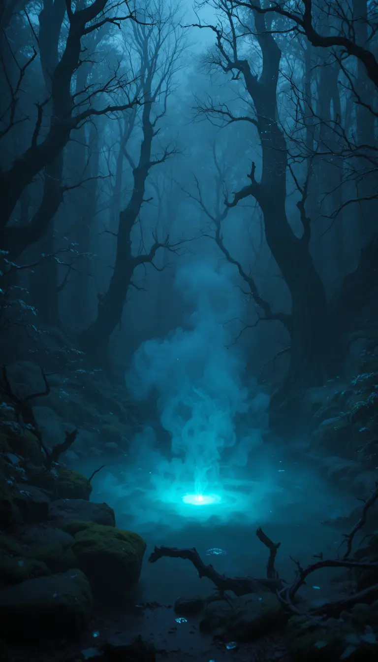 Glowing Pond In A Misty Ancient Forest