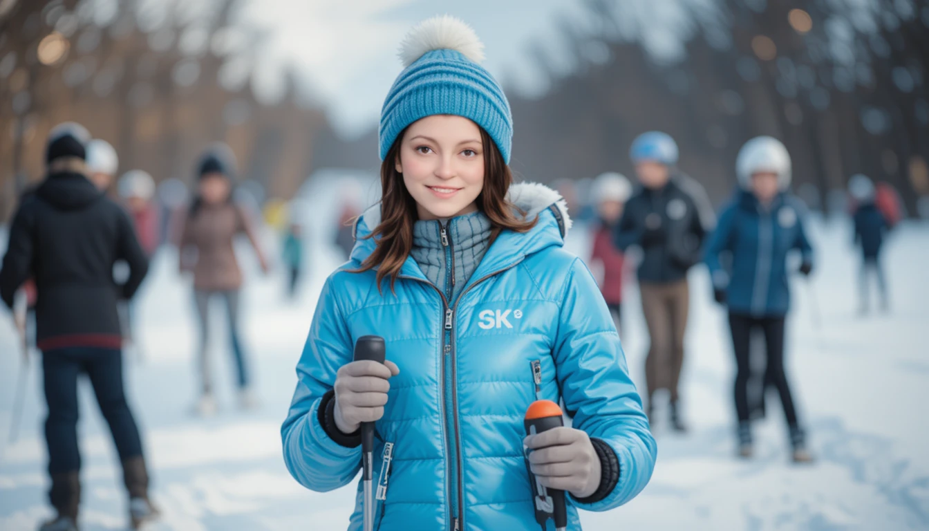 Smiling young girl in blue ski suit on snowy slopes