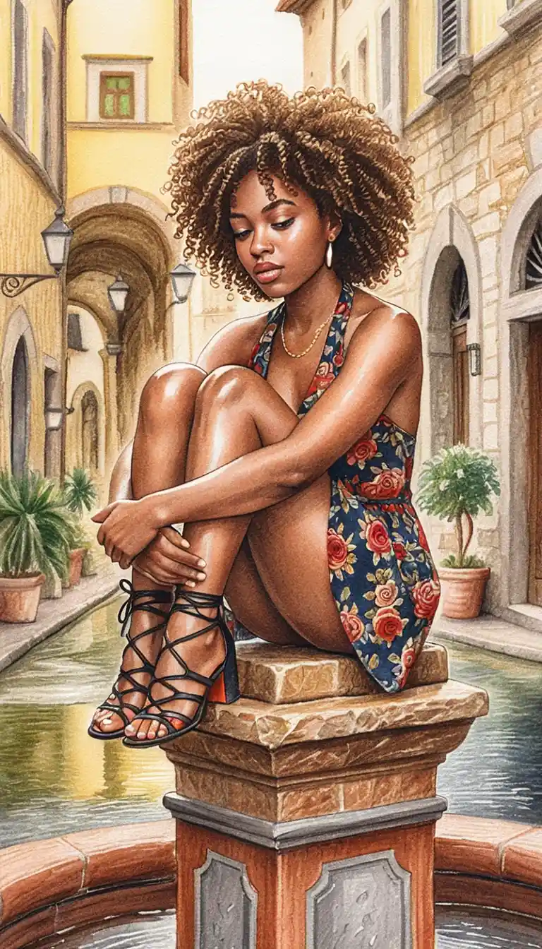 Color pencil portrait of a confident woman by a stone fountain