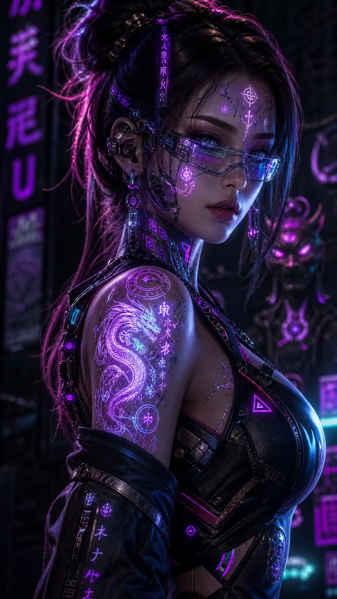 Futuristic cyberpunk woman with glowing tattoos and implants
