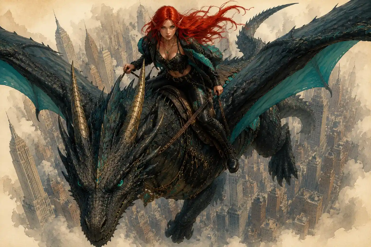 Elf rider soaring on a dragon above a vintage fantasy city