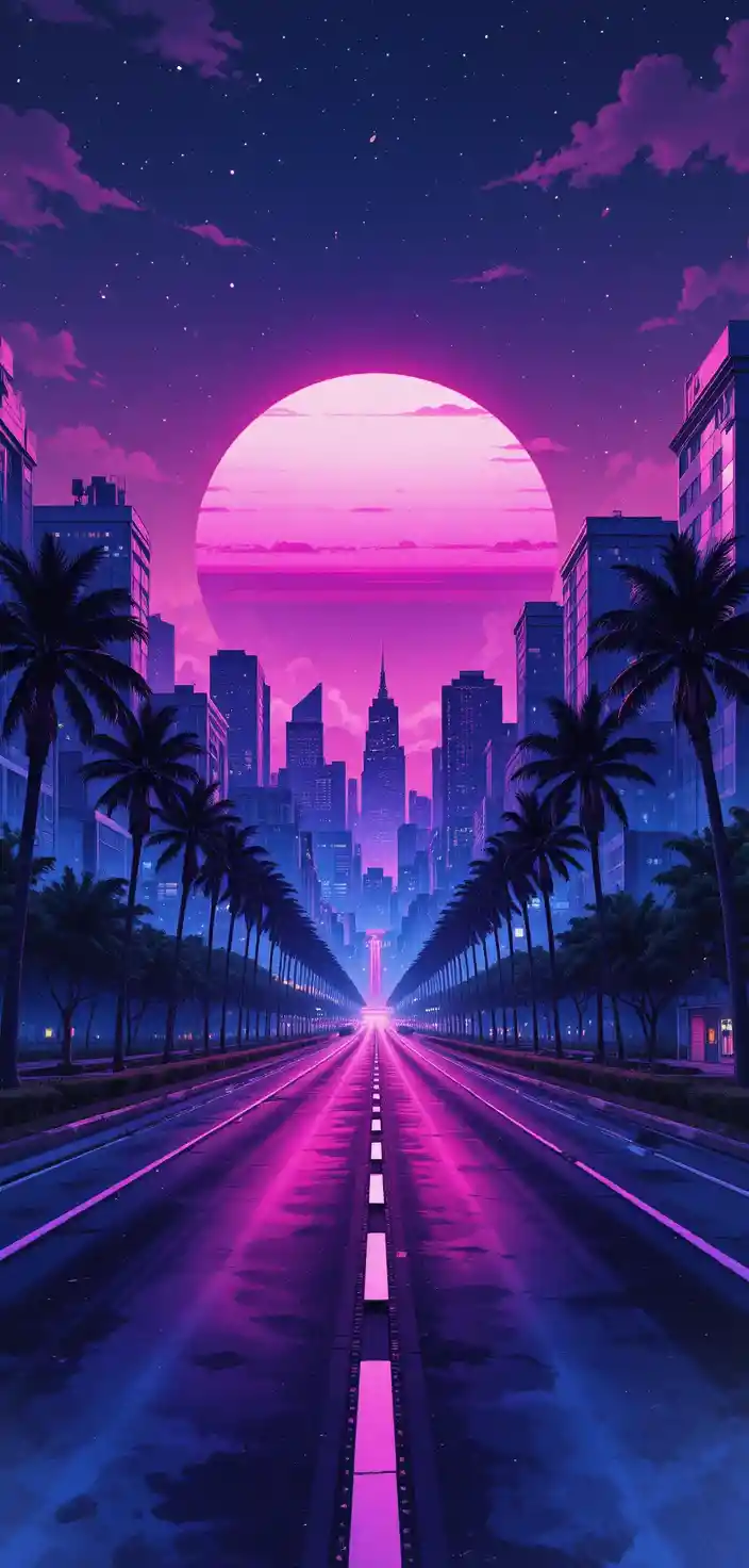 Neon retro city street under a glowing synthwave sun