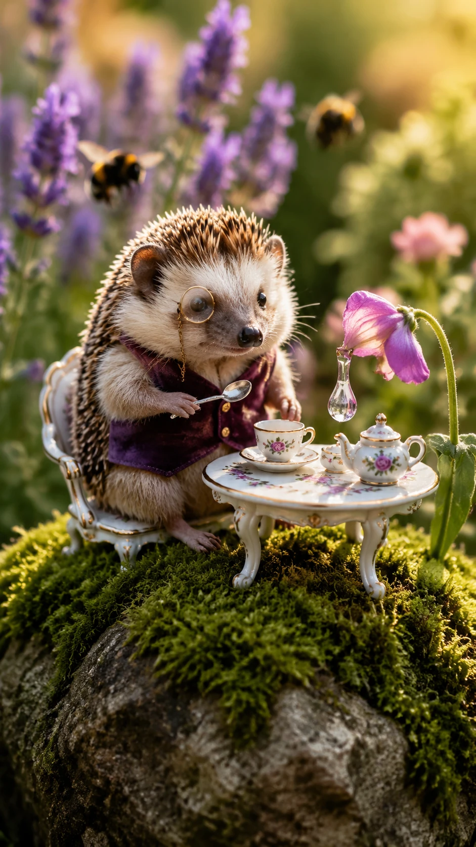 Pequeño erizo en una mesa de té en un jardín soleado