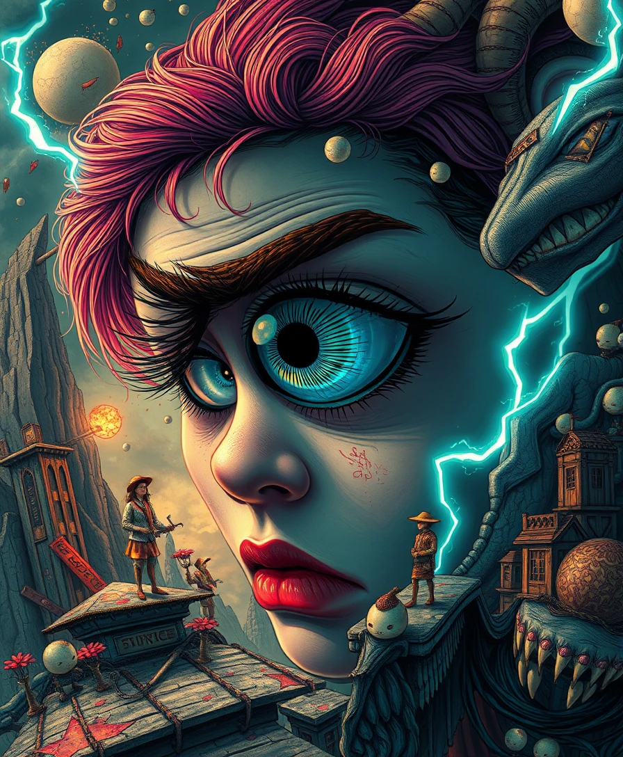 Surreal fantasy character in a vibrant dreamlike landscape