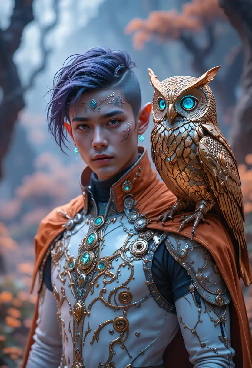 Elf warrior with mechanical owl in glowing enchanted forest