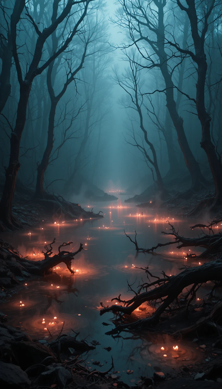 Glowing forest pond beneath twisted dead tree branches