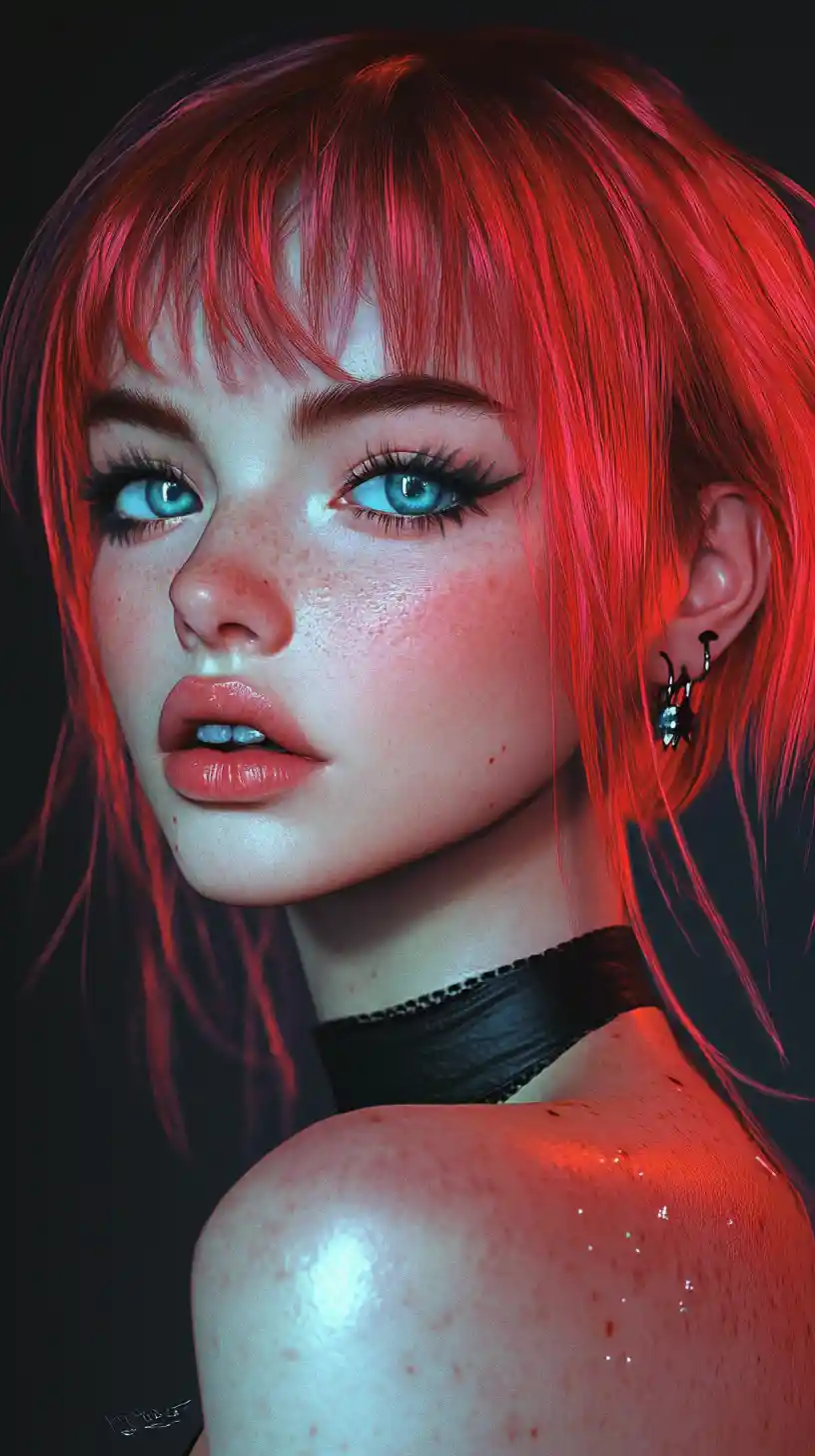 Neon haired anime woman in dramatic cyber noir portrait