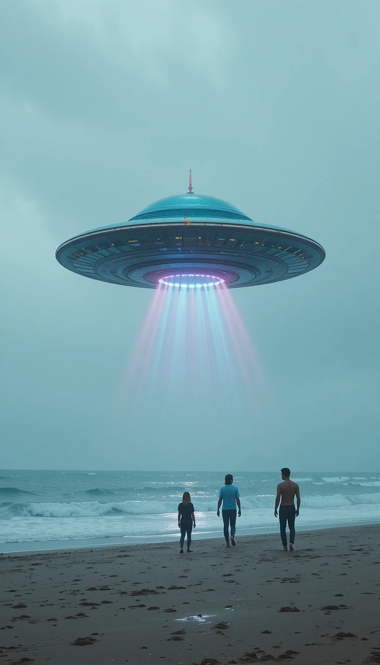 Colorful ufo hovering over a busy beach with people watching