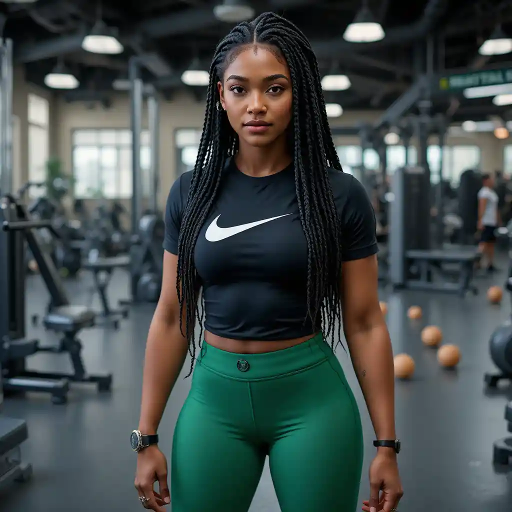 Starke Schwarze Frau mit Dreadlocks beim Training im Fitnessstudio