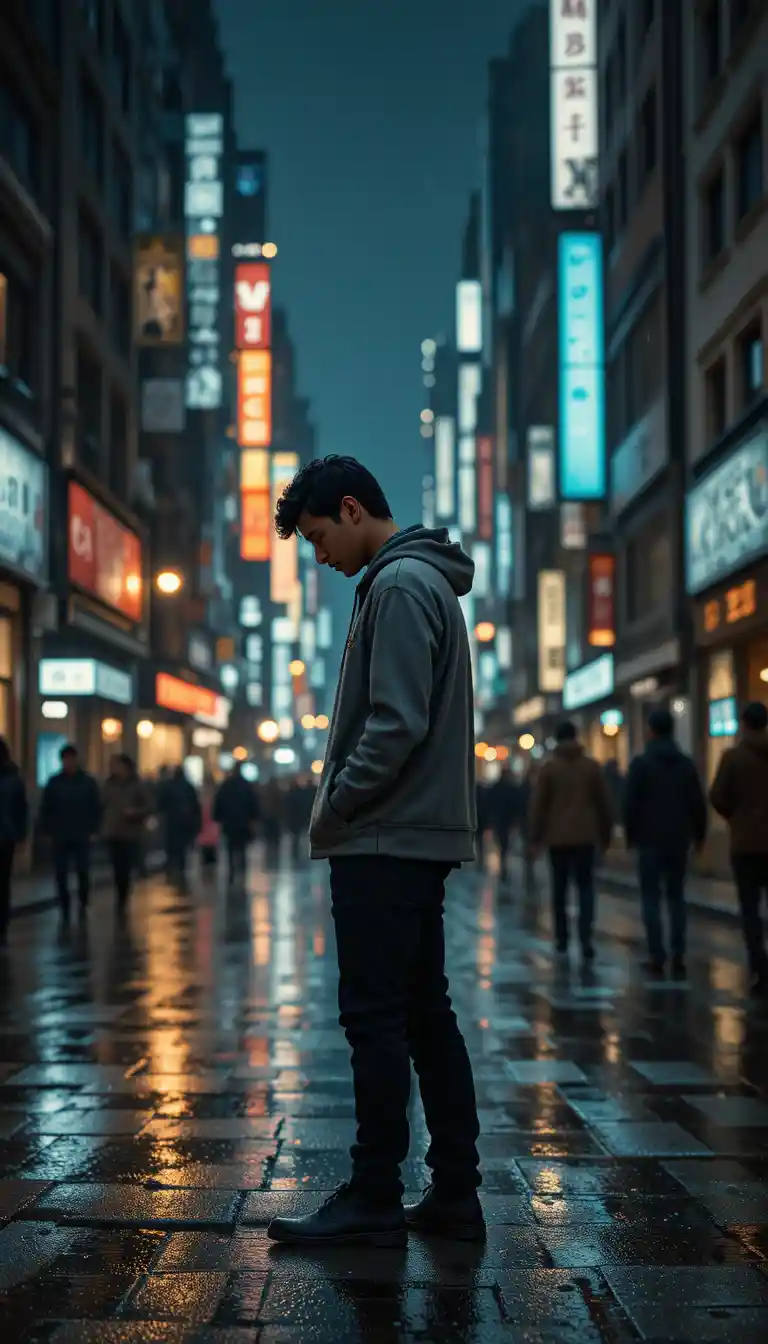 Young man in hoodie on rainy cinematic city street