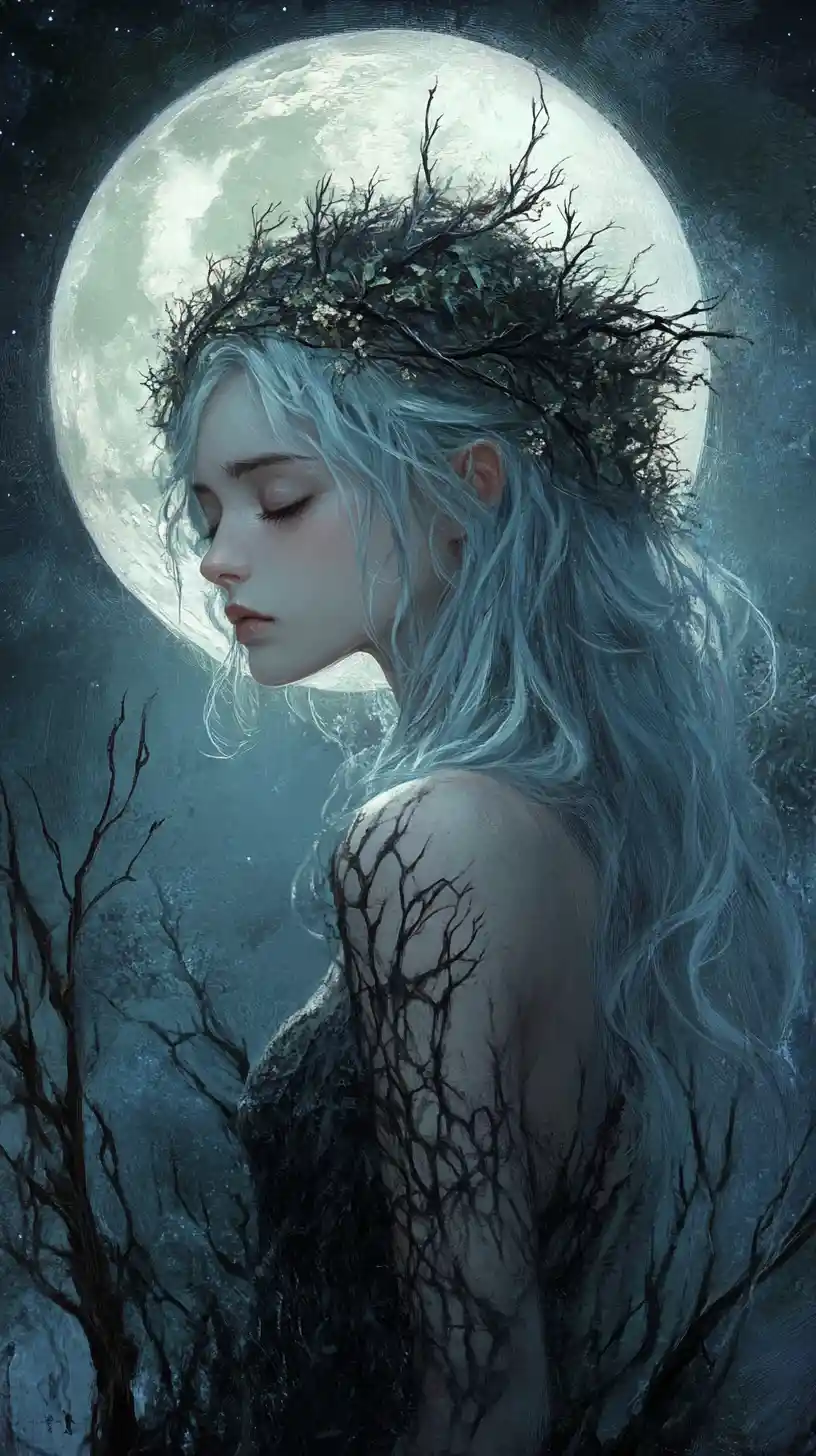 Blue haired girl in front of a luminous full moon