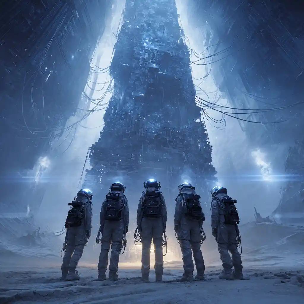 Pilgrims Linked To A Frozen Industrial Server Monolith