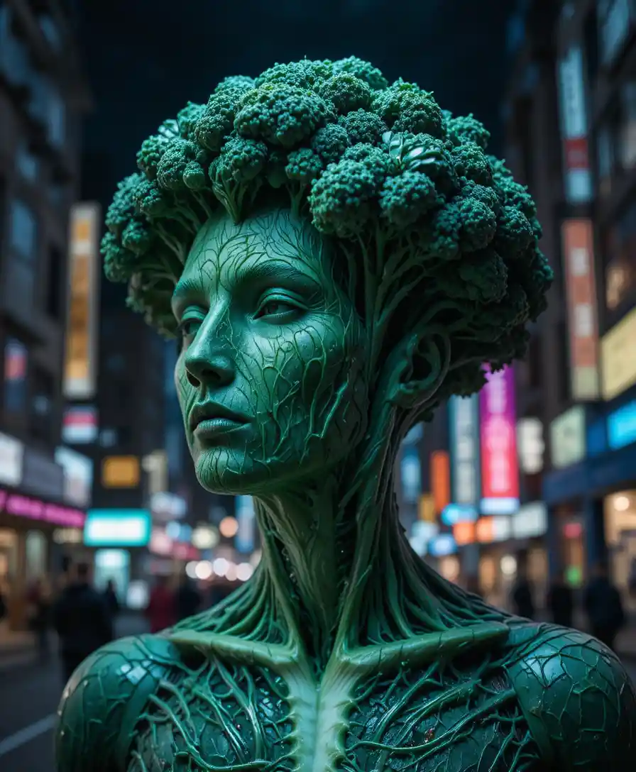 Surreal man with broccoli head in neon lit city