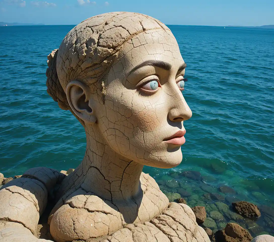 Rock profile of a woman facing the calm turquoise sea