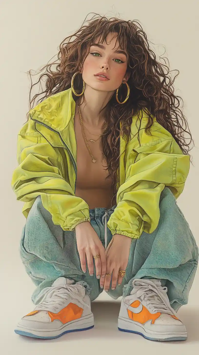 Seated woman with curly hair in casual streetwear