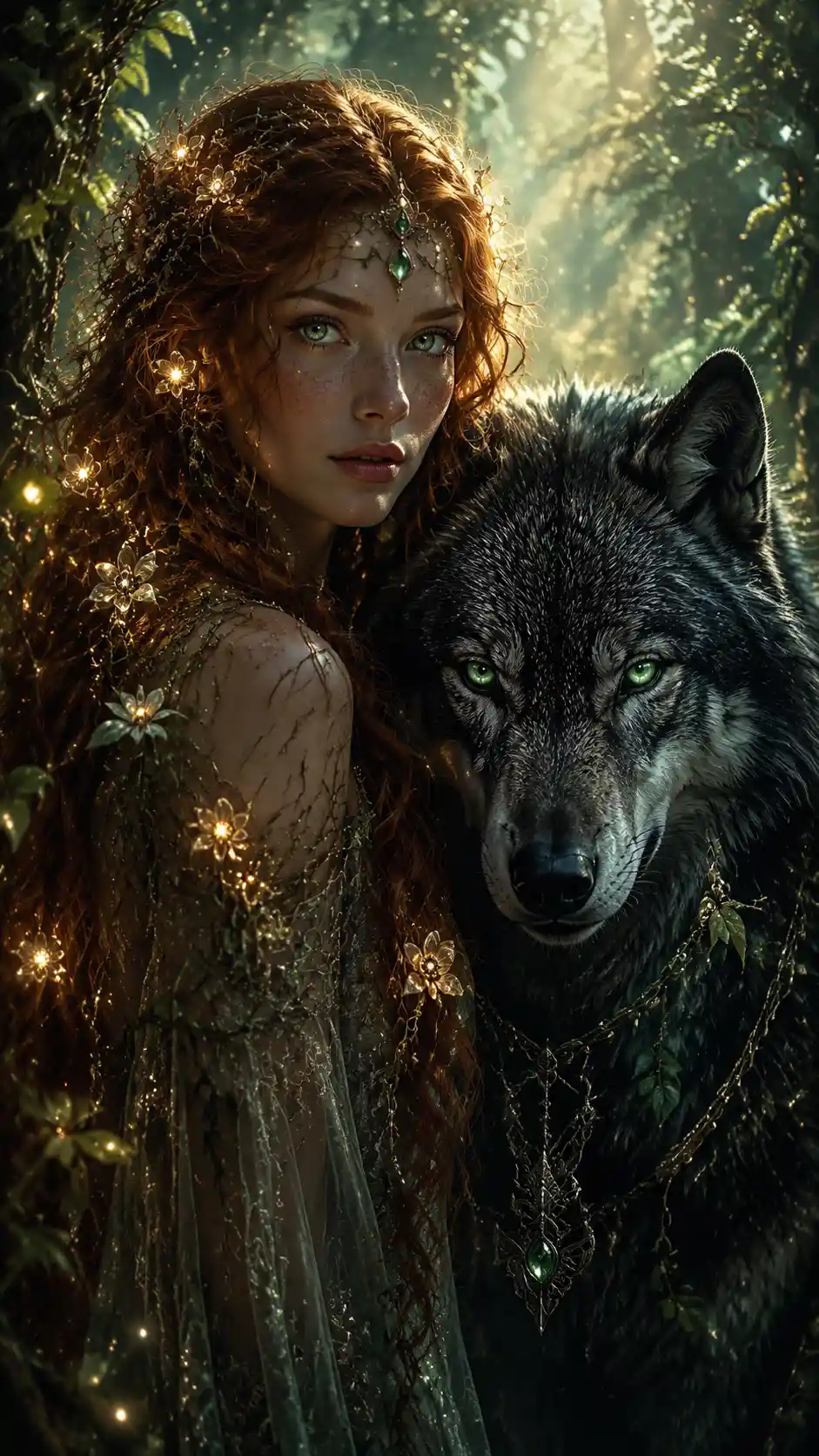 Mystical woodland guardian with dire wolf in glowing forest