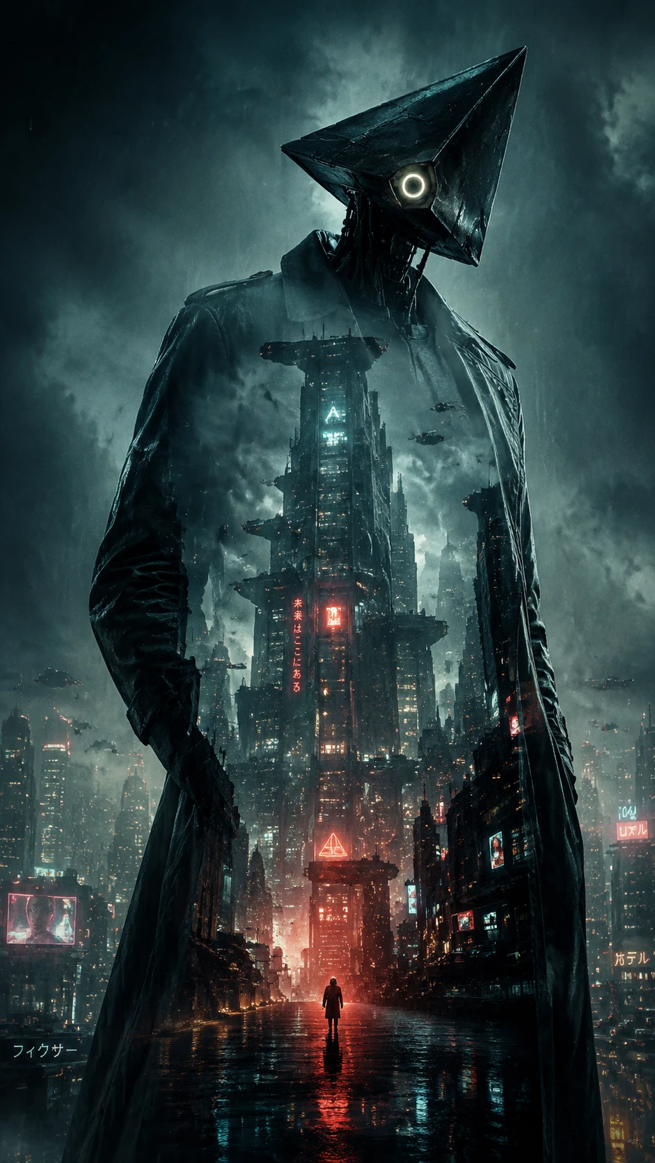 Android in trench coat before dystopian neon cityscape