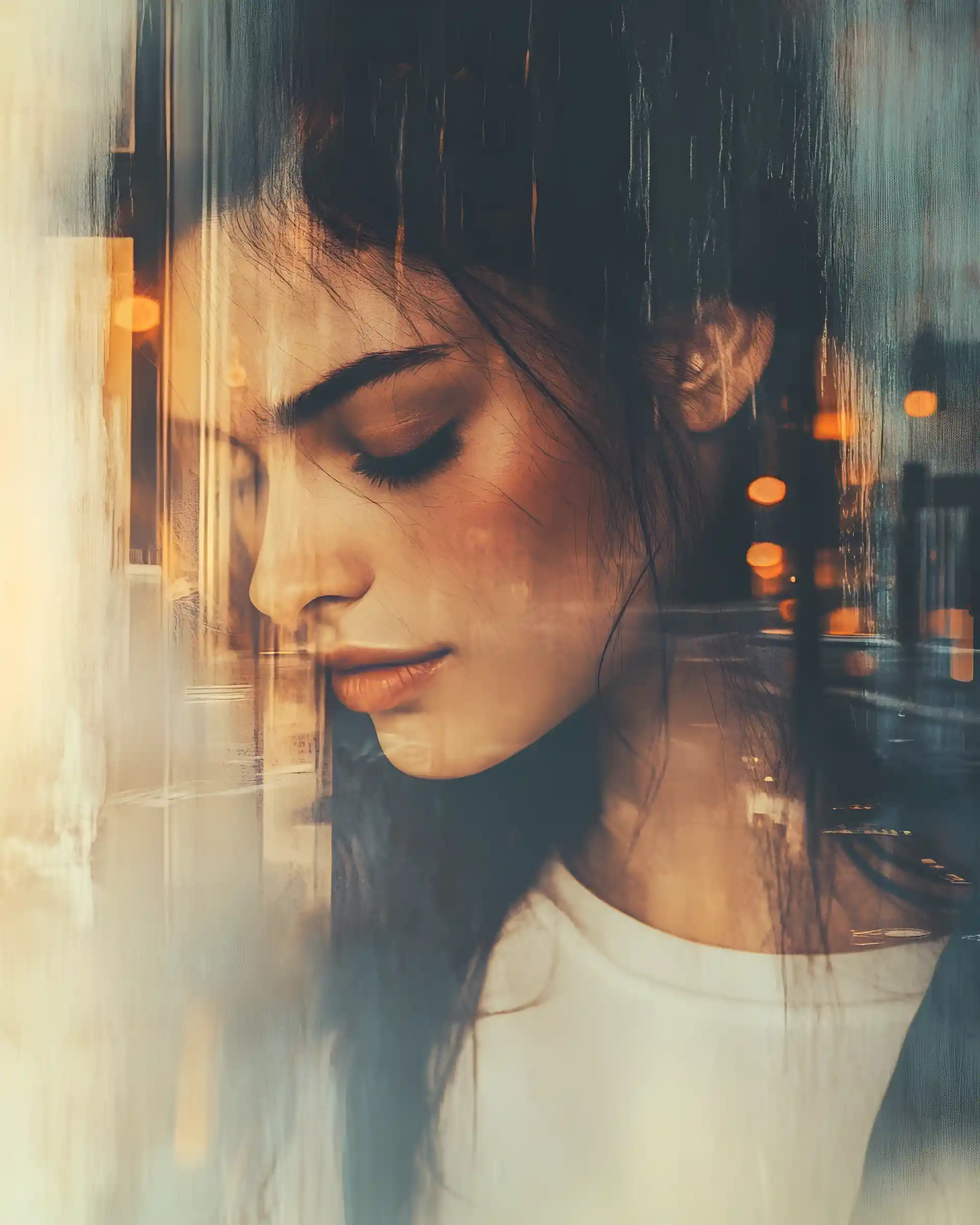 Thoughtful double exposure portrait of a woman in chiaroscuro