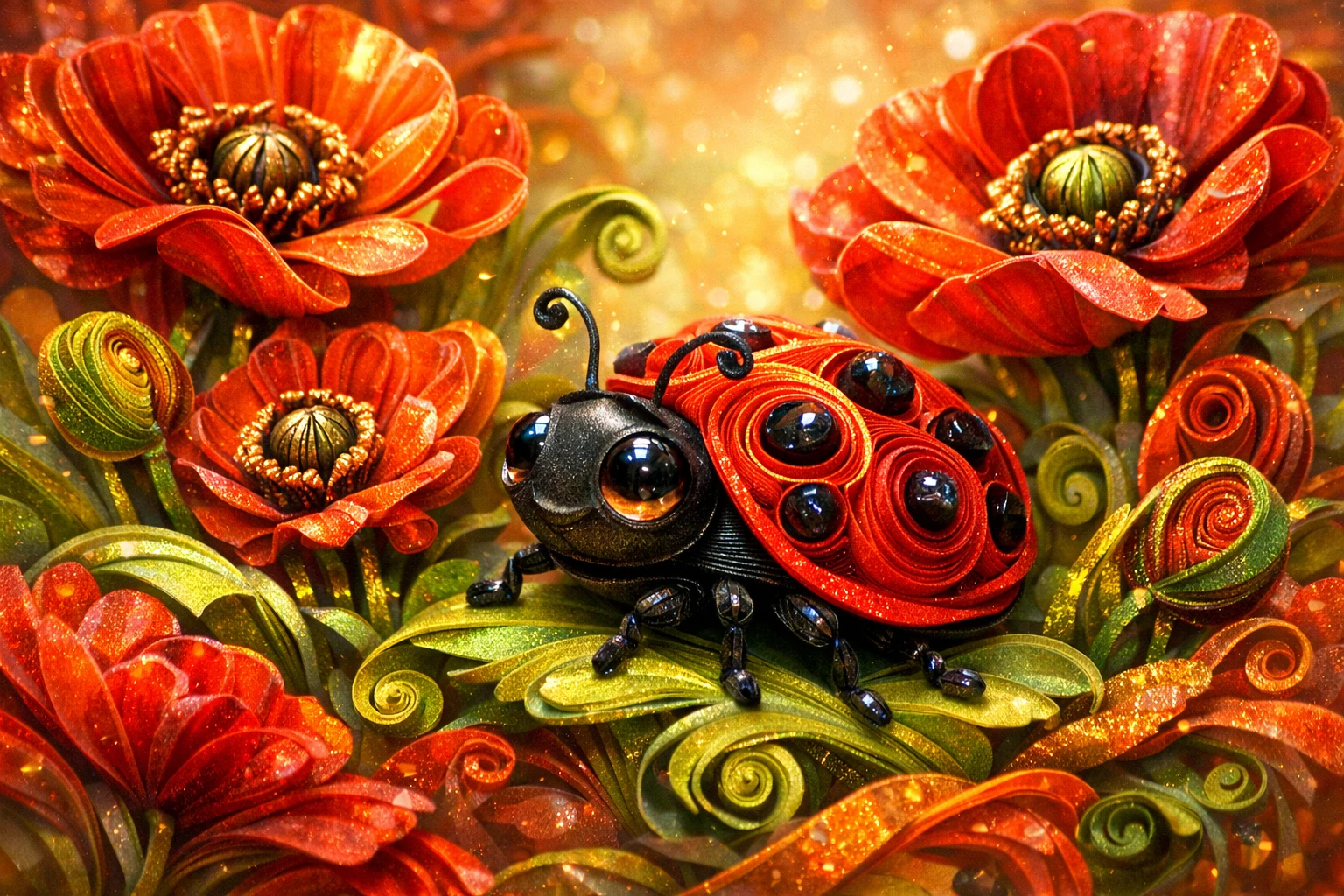 Whimsical paper quilling ladybug with red spiraled shell