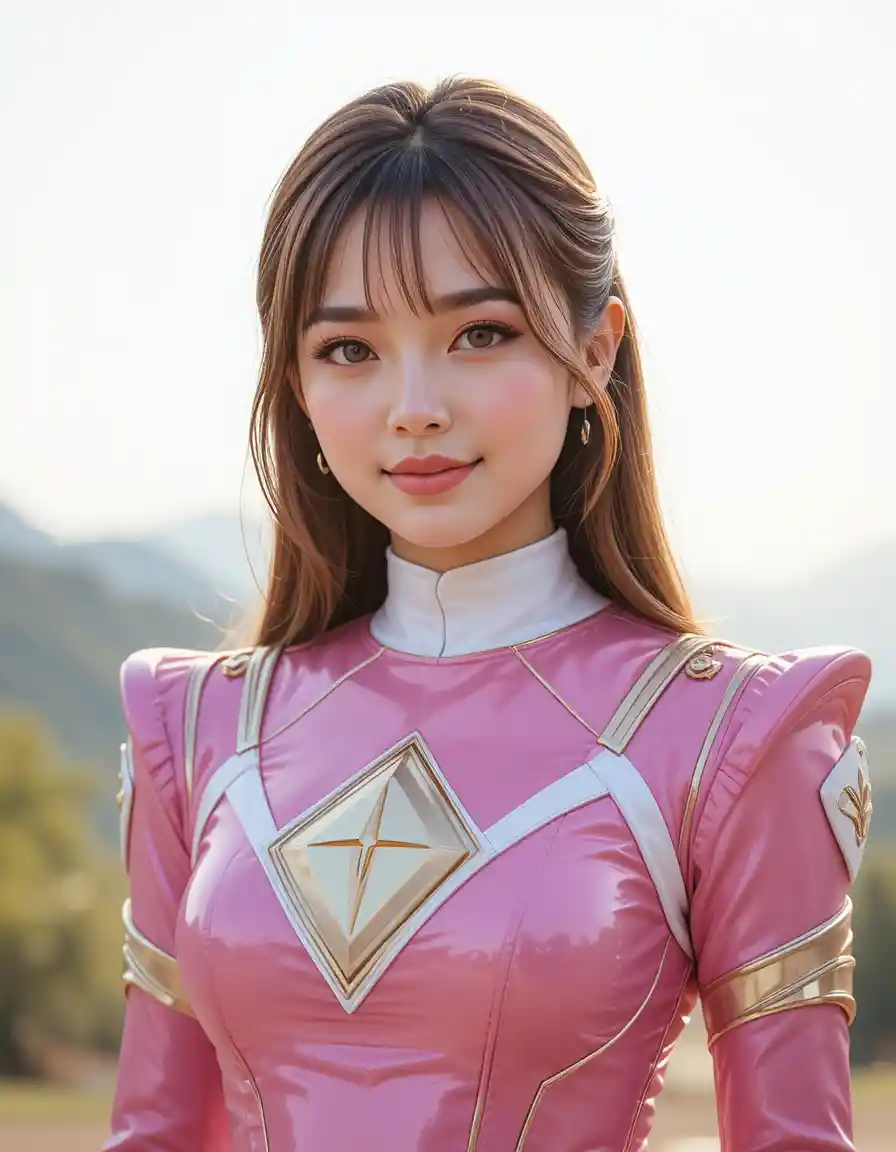 Young woman in pink ranger suit in soft outdoor portrait