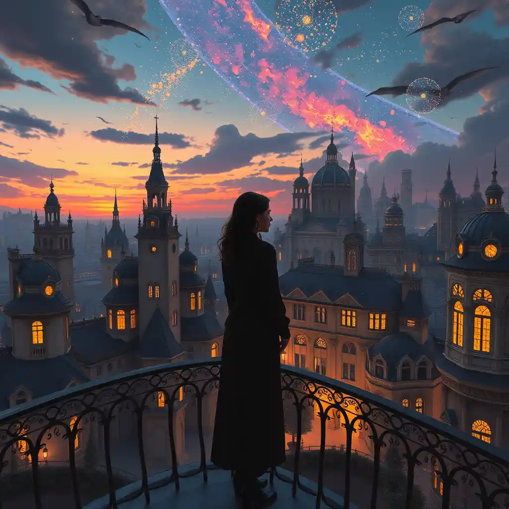 Woman on balcony above dreamy fantasy city at twilight