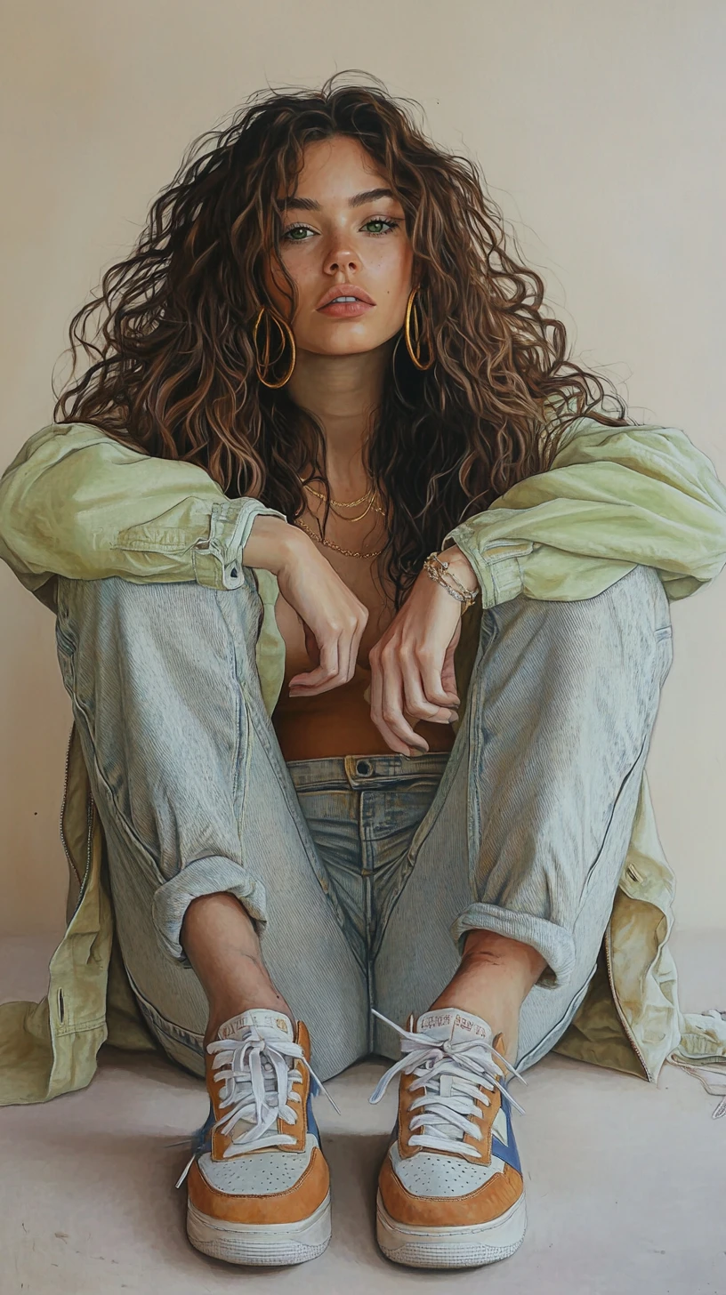 Confident woman seated in wide pose with curly hair