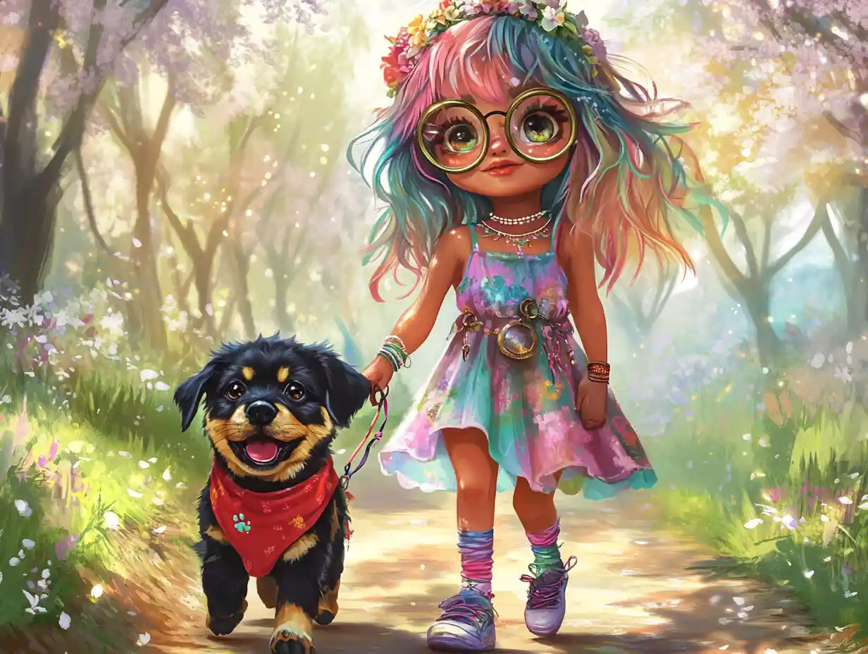 Cute pastel haired girl walking a rottweiler puppy
