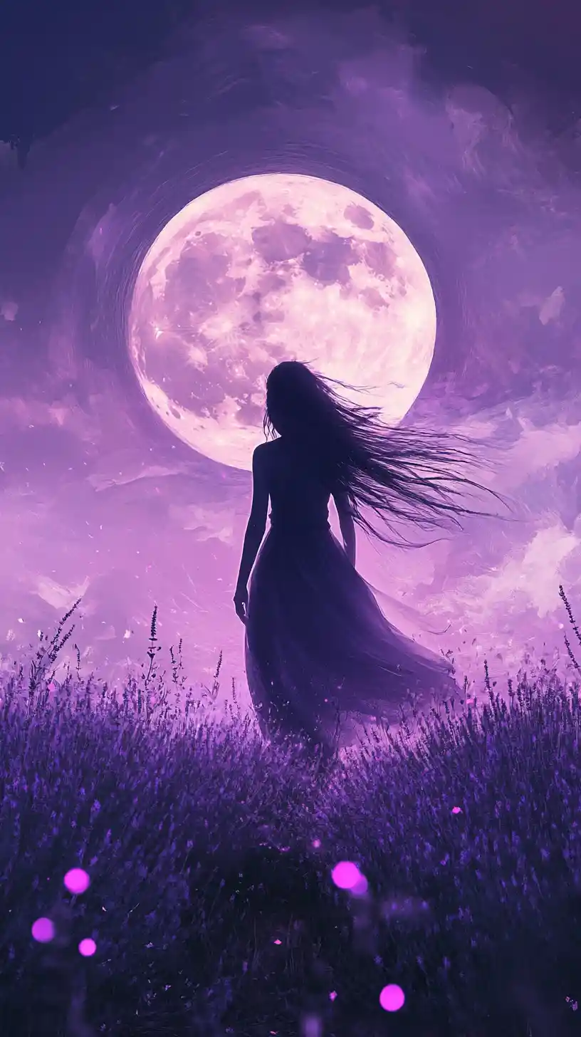 Woman silhouette before a glowing moon over purple field