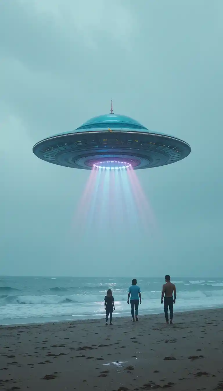 Colorful ufo hovering over a busy beach with people watching