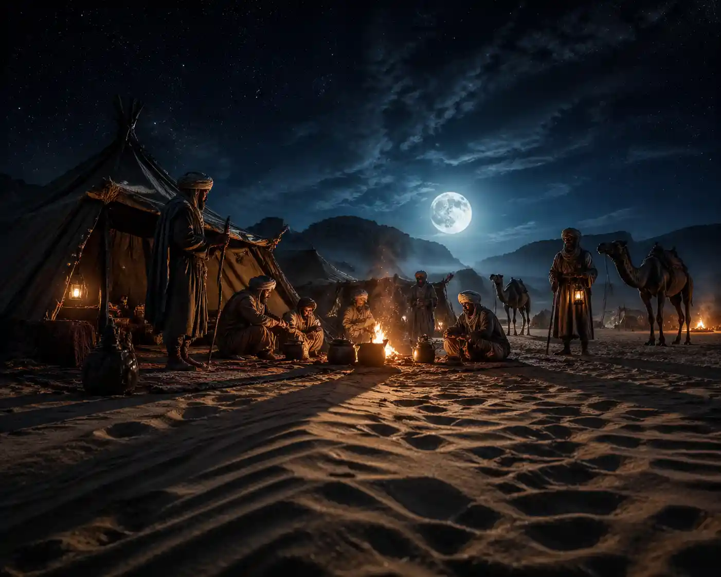Desert nomads gathered around moonlit campfires at night