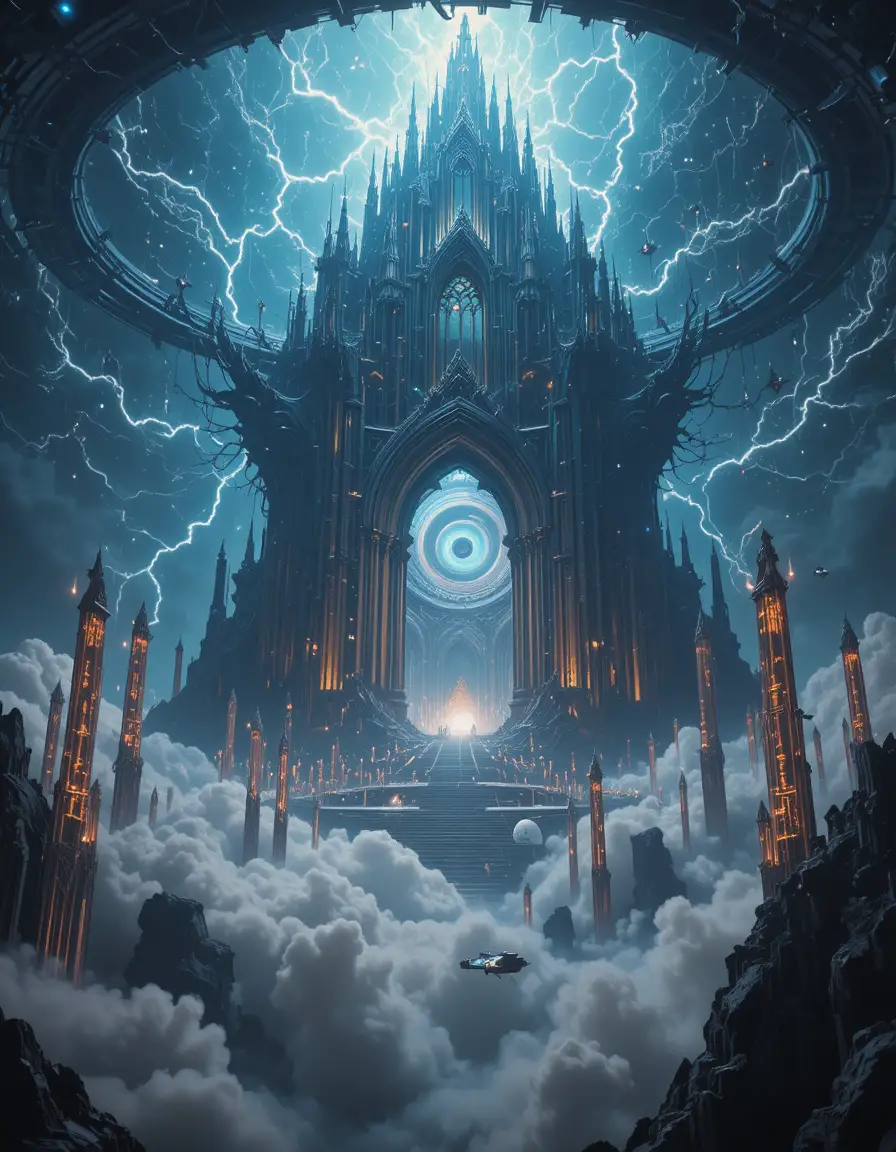 Bio mechanical cathedral drifting above a stormy gas giant