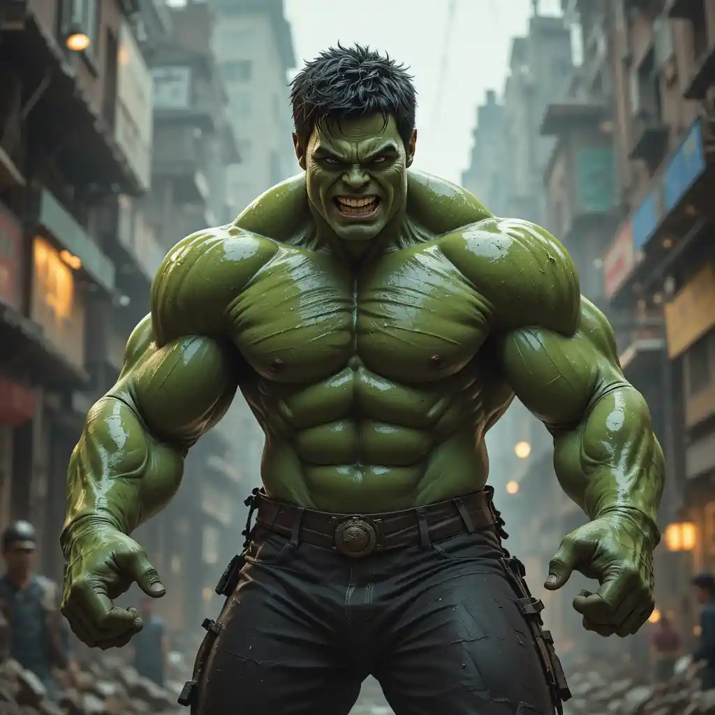 Angry man transforming into a powerful hulk figure
