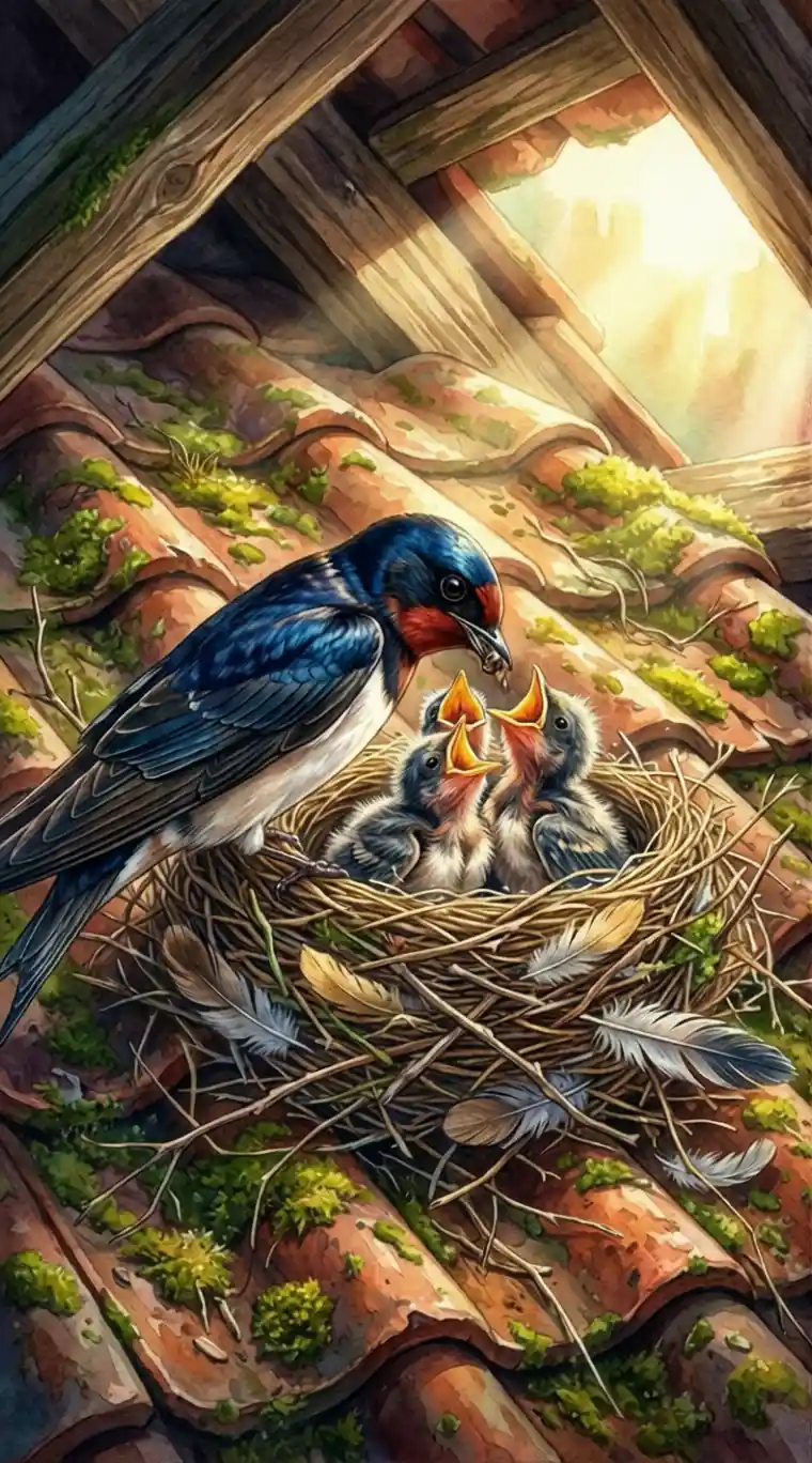 Close up digital illustration of barn swallows feeding chicks