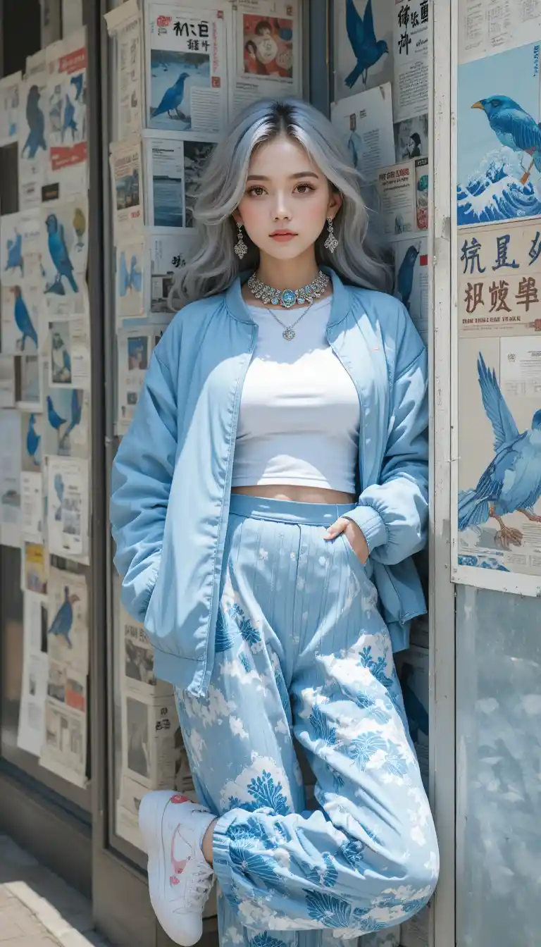 Stylish young woman in blue streetwear leaning against wall