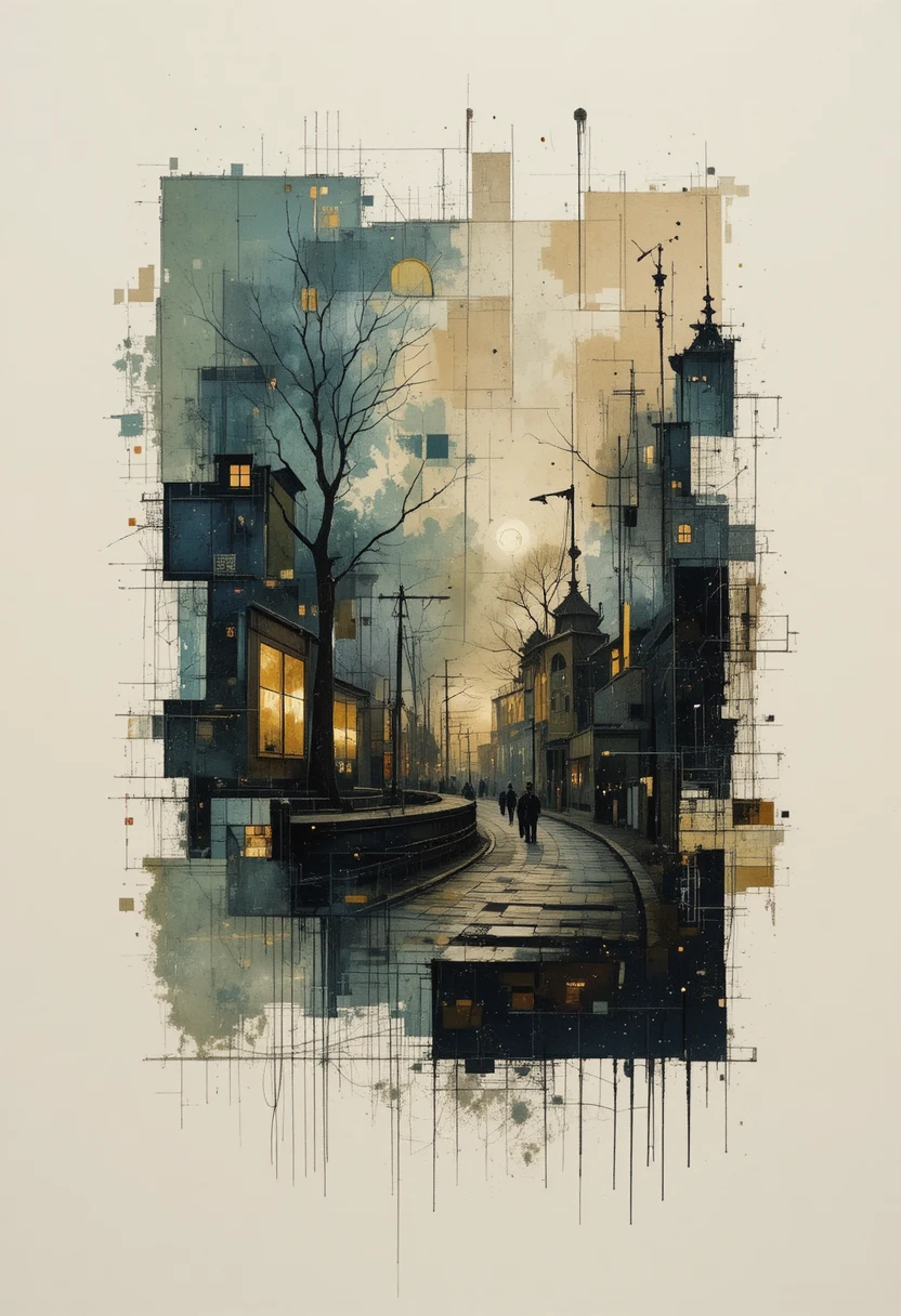 Abstract collage of layered shapes in soft evening tones