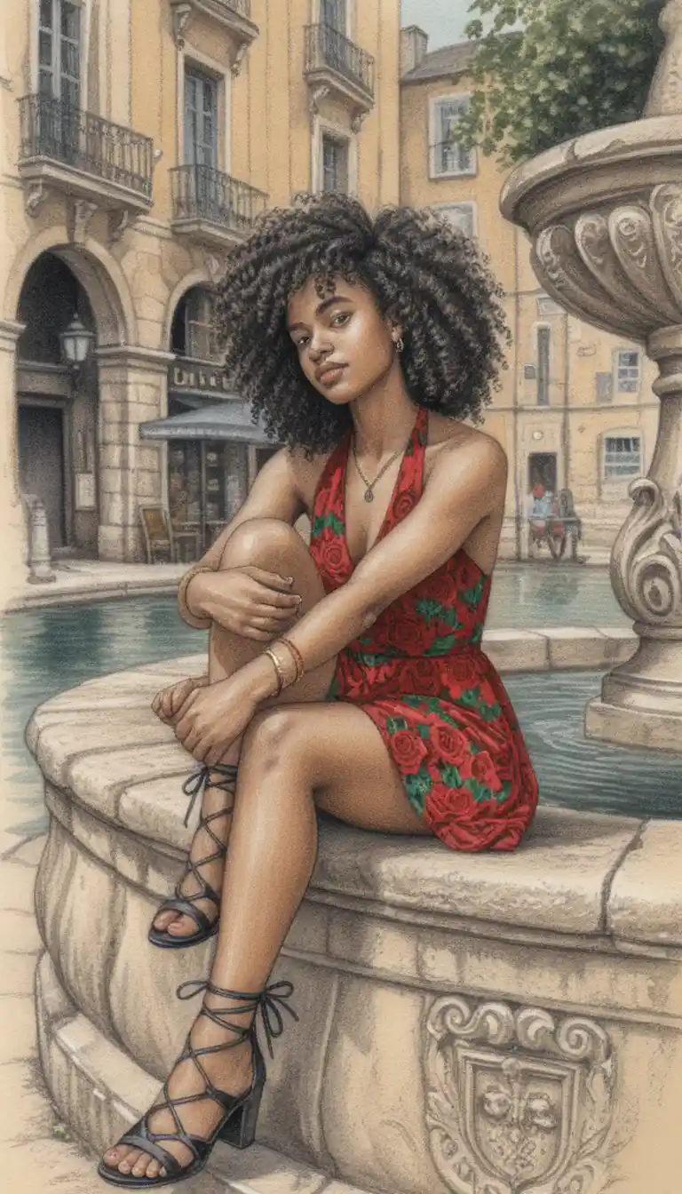 Young black woman by a stone fountain in pencil illustration