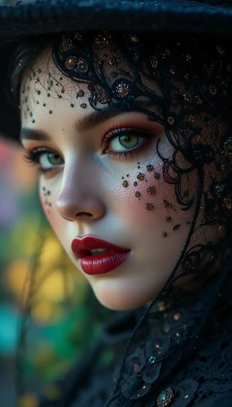 Latina woman in black hat with embroidered veil portrait