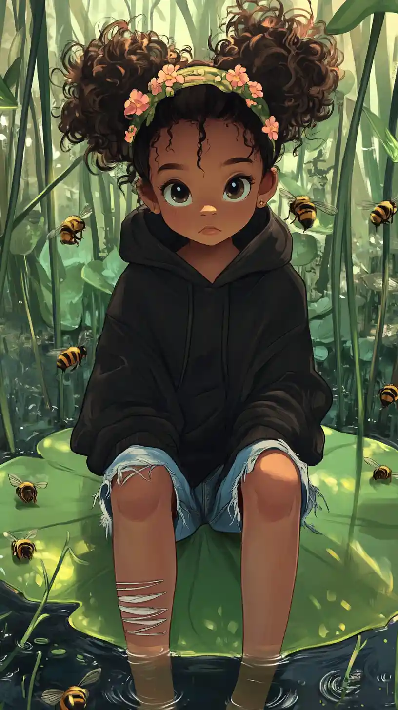 Cute girl relaxing on a lily pad in a swamp