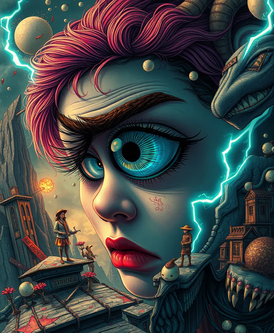 Surreal fantasy character in a vibrant dreamlike landscape
