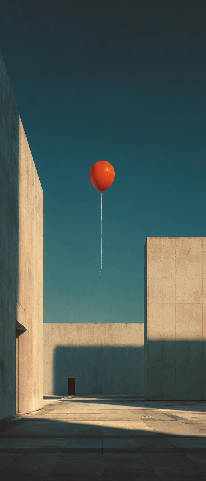 Minimal red balloon illustration over brutalist city plaza