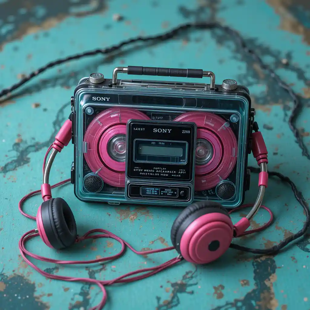 Retro teal walkman with pink cassette and wired headphones