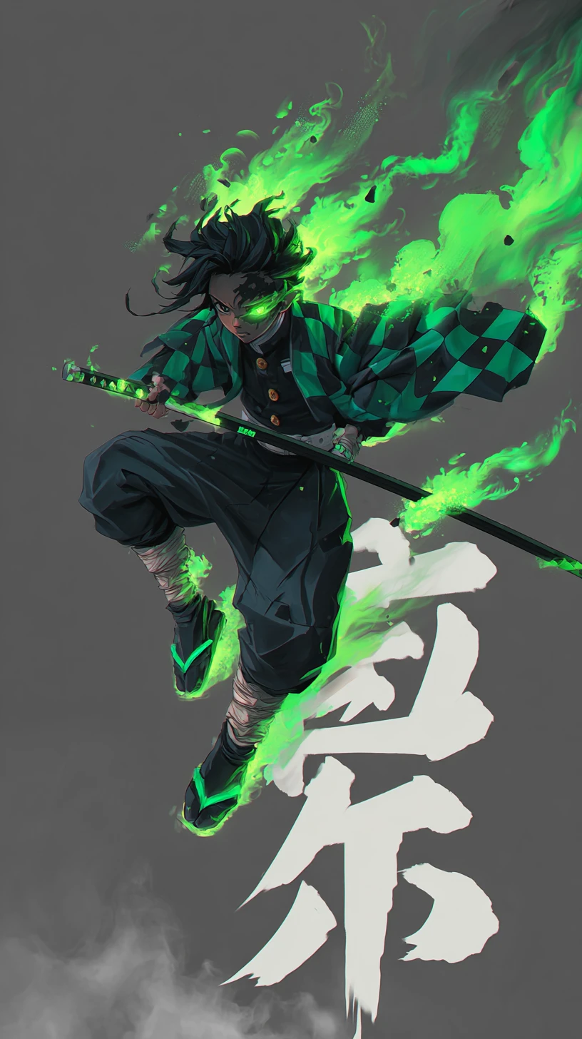 Neon masked warrior leaping forward in dark anime scene