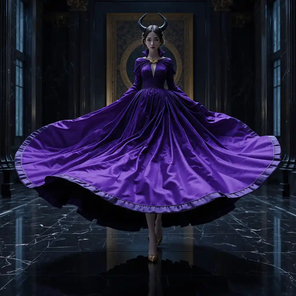 Dark queen in motion within a reflective throne room