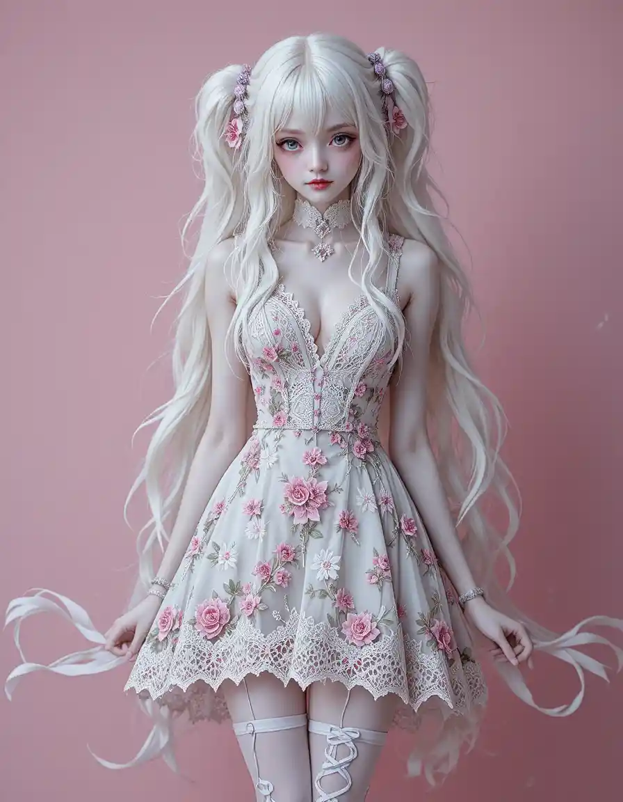 Spooky anime girl in white gothic lace dress
