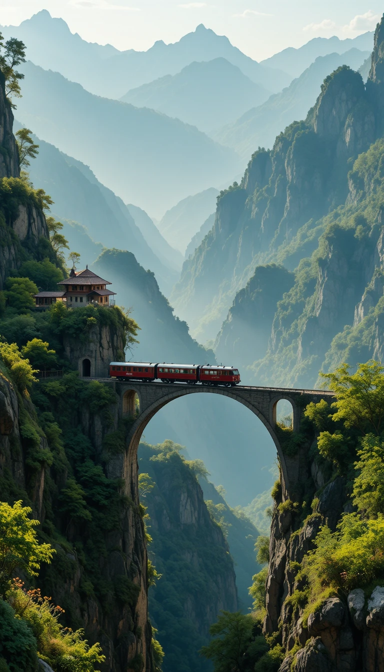 Vintage red train on a high mountain stone bridge
