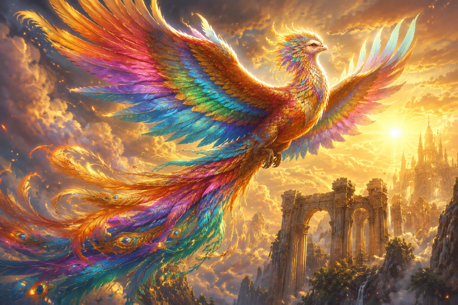 Majestic rainbow simurgh soaring over glowing ancient ruins