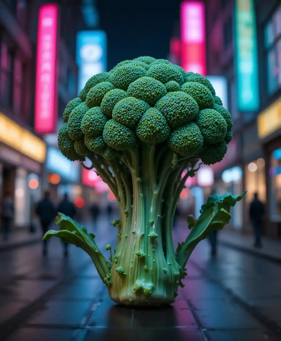 Surreal close up of broccoli against neon urban night backdrop
